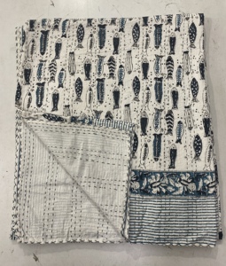 Colcha Kantha de Algodón Azul con Estampado de Peces Marinos, Hecha a Mano, Ecológica, para Decoración del Hogar, para Todas las Estaciones - Product Image 3