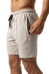 Shorts pour hommes en mélange coton-polyester beige, taille à cordon de serrage, couleur unie, tissu tricoté respirant, poches, taille mi-haute - Product Image 6