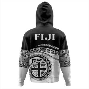 เสื้อฮู้ดดี้แขนราแกลนสีดำขาวลายธงชาติฟิจิสำหรับผู้ชาย - Product Image 3