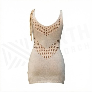 Women Knitted Hollow Out V Neck Tank Top Solid Color Stretchy Fit Regular Style Beige - Product Image 2
