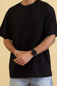 T-shirts en twill à manches courtes pour hommes, style oversize tendance, col montant, épaules tombantes, avec logo brodé, en polyester, style urbain - Product Image 3