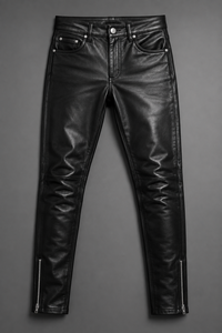 Premium Saleh Enterprises Genuine Leather <b>Men</b> <b>Slim</b> <b>Fit</b> Black Vintage Biker Trousers Dual Rear Zippers Eco-Friendly Winter OEM - Product Image 3