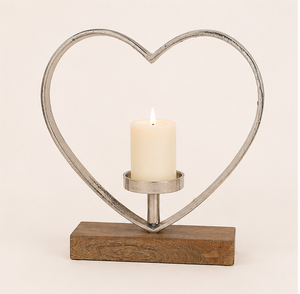 Luxury Silver Metal Heart Candle Holder With Rustic Solid Mango Wood Base Modern Romantic Pillar Tealight <b>Stand</b> For Wedding Use - Product Image 5