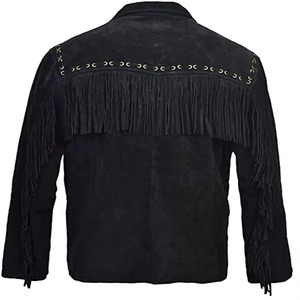 Men's Black Suede Leather <b>Jacket</b> With <b>Fringe</b> And Concho Decor Turn-down Collar Zipper Closure Casual Autumn Wear - Product Image 5