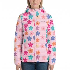 Women's Floral Printed Puffer Jacket with Waist <b>Belt</b> Hooded Quilted Winter Coat Warm Sublimation Padded Outdoor Casual Outerwear - Product Image 5