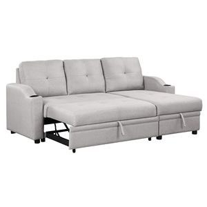 Divano Letto Moderno a 3 Posti Imbottito in Tessuto di Lino con Chaise Longue, Portabicchieri e Vano Contenitore - Product Image 5