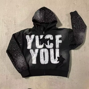 Custom logo Heavyweight Cropped Zipper Vintage Acid Wash <b>Zip</b> <b>up</b> Distressed Embroidery Patched Hoodie - Product Image 1