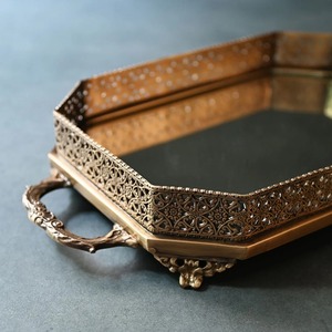 Pure Brass Rectangular Mirror Tray Vintage Gold Mirrored <b>Vanity</b> Mirror Tray Decorative Perfume and <b>Makeup</b> Organizer with Handles - Product Image 3