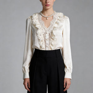 Ventes flash sur Temu |   Chemise élégante pour femmes à col en V, à volants et à dentelle, à manches longues, boutonnée, décontractée, pour les occasions spéciales, le bureau ou les sorties - Product Image 3