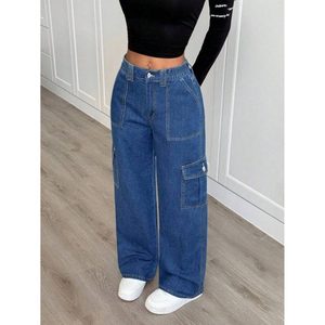 Vaqueros de mezclilla para mujer, estilo moderno y atrevido, azul piedra, multibolsillos, 100% algodón, ecológicos, transpirables, de cintura alta, estilo vintage, a la moda - Product Image 4