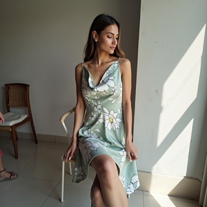 Vestido sin mangas de satén drapeado con brillo musgo con dobladillo ALine fluido y drapeado de cuello suave hecho a mano para ropa de día femenina y elegante - Product Image 1