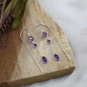 Pendientes Largos de Plata de Ley 925 con Amatista, Cadena Larga con Colgante de Piedra Preciosa Morada, Joyería de Exportación de la India - Product Image 1