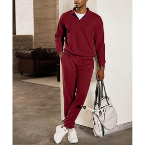 Men's Solid Red Cotton Tracksuit Quarter-Zip Sweater Pants <b>Set</b> Casual Autumn Wear - Product Image 6