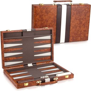 Leather Backgammon Board Game <b>Set</b> Foldable Travel Case with Dice and Checkers Brown and White Design - Product Image 1