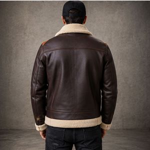 Veste en cuir véritable marron pour homme, col rabattu, fermeture à bouton unique, doublure en sherpa, style moto décontracté, vêtements d'hiver - Product Image 4