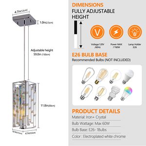 Lustre moderne en cristal de 4 pouces, lot de 3, lampe suspendue réglable avec design prismatique pour salle à manger ou îlot de cuisine - Product Image 5