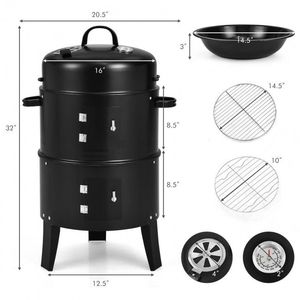 3 in 1 Charcoal BBQ Grill Smoker with Built-In Thermometer Powder Coated <b>Outdoor</b> Garden <b>Heater</b> - Product Image 6