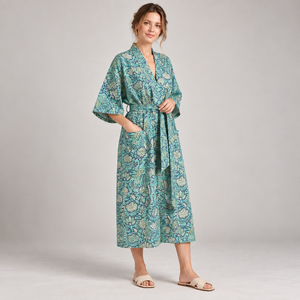 Robe à imprimé floral pour femmes, longueur genou, manches trois quarts, en polyester tissé doux, décontractée, avec fermeture à cordon - Product Image 3