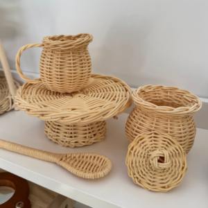Juguetes de simulación, soporte para pasteles y taza de té, juego de cocina de ratán, juguetes naturales hechos a mano para juegos de rol para niños en edad preescolar - Product Image 3