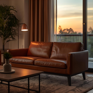 Sofá de 2 Plazas de Cuero Cognac de Lujo con Estructura de Madera, Estilo Moderno de Mediados de Siglo, para Sala de Estar o Vestíbulo de Hotel - Product Image 4