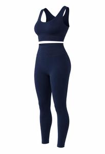 Women Navy Blue Scoop Neck Racerback Sports Bra Set Mid Waist Full Length Leggings 2-Piece Plus Size Yoga Outfit 4-Way for - Product Image 2