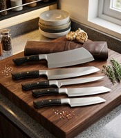 Ensemble de 5 couteaux de chef professionnels faits à la main, lames en acier inoxydable 67 couches, manches en bois, sac en cuir, design ambidextre |