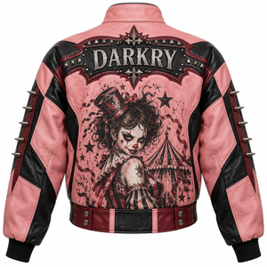 <b>Women</b> Pink Black Leather <b>Jacket</b> Custom Clown Graphic Print Metal Studded Spiked Bomber Coat OEM ODM Made To Order Supplier - Product Image 2