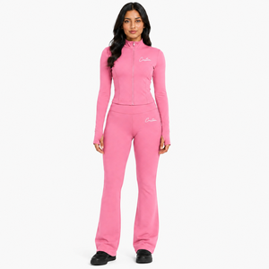 Ensemble de yoga rose hiver pour femme avec logo personnalisé, veste zippée intégrale à col montant et legging évasé, tenue de sport deux pièces, fournisseur - Product Image 4