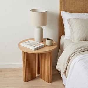 Modern <b>Solid</b> Teak <b>Wood</b> Round Side Table Fluted Base Minimalist Bedroom Nightstand Eco Friendly Handcrafted Living Room Furniture - Product Image 6