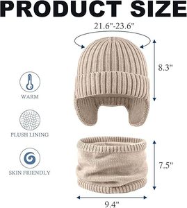 Bonnet à oreillettes beige pour enfants, unisexe, en tricot, motif géométrique, mignon, pour l'extérieur - Product Image 3