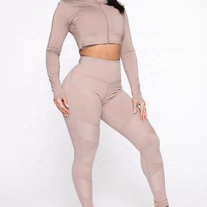 Ensemble de yoga sans coutures : Leggings taille haute et crop top à quart de zip, couleur unie, deux pièces, respirant, écologique, séchage rapide - Product Image 2