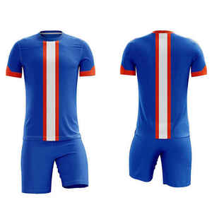 Ensemble de maillots de football bleus personnalisés pour hommes, manches courtes, uniforme rayé, 100% polyester respirant, toutes saisons, vêtements de football pour adultes - Product Image 1