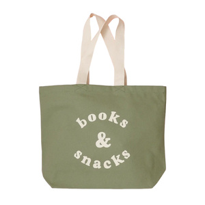 <b>Books</b> & Snacks Canvas <b>Tote</b> Bag Large Size Shoulder Handle Shopping Bag Daily Use Green Color Letter Print Design <b>Tote</b> Bag - Product Image 1