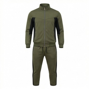 Ensemble de survêtement vert olive pour homme, fermeture éclair intégrale, col montant, vêtements de sport décontractés, respirant, en polyester et coton, design uni - Product Image 1