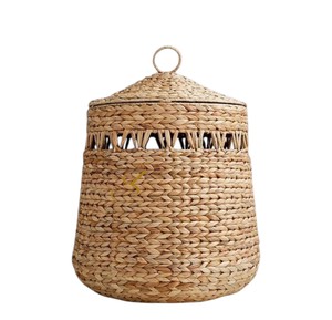 <b>Large</b> Boho Water Hyacinth Blanket <b>Basket</b> Woven Openwork <b>Storage</b> Hamper with Lid Decorative Living Room Bin - Product Image 3