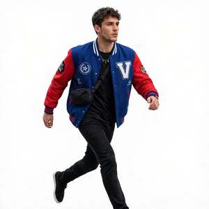 Chaqueta Varsity de Gamuza Azul y Roja para Hombre Whiteaura International, Diseño con Parche de Letra V Bordada, Cuello Camisero, Corte Regular - Product Image 5