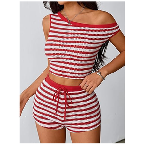 Women's Striped Knitted <b>Crop</b> <b>Top</b> And Shorts Set Off Shoulder Sleeveless Drawstring Waist <b>Red</b> White Two Piece Outfit - Product Image 1