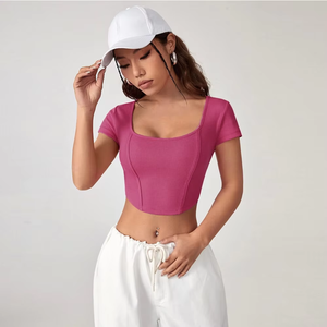 Women's <b>Pink</b> Square Neck Short Sleeve Knitted Slim Fit 180g <b>Crop</b> <b>Top</b> Spandex Polyester Breathable Sporty Style - Product Image 1
