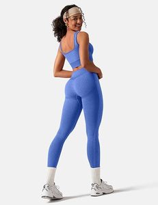 Women's 2 Piece Seamless Yoga Set Square Neck <b>Crop</b> Top High Waist Full Length <b>Leggings</b> Solid Blue Sportswear Workout Outfit - Product Image 6