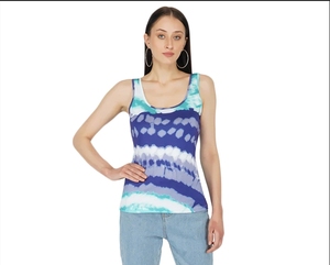 Débardeur Tie-Dye pour Femme, Col Rond, en Coton Tricoté, Décontracté, Sans Manches, Motif Bleu, Vert et Blanc, Idéal pour l'Été - Product Image 2
