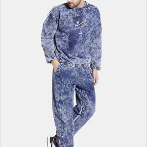 ชุดเซ็ตเสื้อฮู้ดพิมพ์ลายฟอกสีฟ้าพร้อมกางเกงจ็อกเกอร์ขายส่ง ชุดวอร์มโพลีเอสเตอร์แบบยูนิเซ็กซ์ กางเกงจ็อกเกอร์และเสื้อแจ็คเก็ตกันลมสีพื้น - Product Image 1