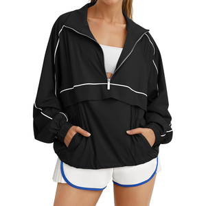 <b>Black</b> Quarter-Zip Racer Jacket With White Trim Sporty Loose Fit Breathable Polyester Women's <b>Windbreaker</b> Spring Wear - Product Image 1