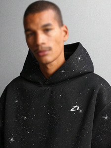 Sudadera con capucha para hombre con pedrería negra, hombros caídos, de algodón polar, estilo urbano, peso pesado, fabricante de marca privada - Product Image 4