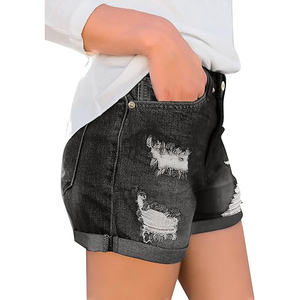 High Waist Denim Shorts With Heavy Ripped <b>Thighs</b> Shredded Details Curved Hem Distressed Denim Shorts Women - Product Image 2