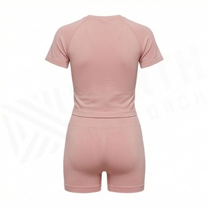 Conjunto Deportivo de 2 Piezas para Mujer, Tejido, Manga Corta, Cuello Redondo, Color Rosa Sólido, Shorts por Encima de la Rodilla, Estilo Deportivo Transpirable - Product Image 2