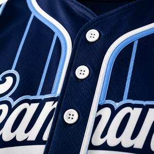 Maillot de baseball SINEWY SPORTS, sublimé, rayé, dégradé bleu et blanc, anti-transpiration, unisexe adulte, manches courtes, boutons sur le devant - Product Image 6
