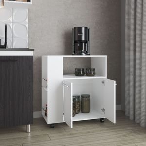 Carrello da Cucina FM Furniture Linden Bianco con Ripiano per Microonde, Vano Aperto e Armadietto a Due Ante - Product Image 4