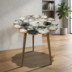 Modern Handmade Resin Stone Inlay Side <b>Table</b> with Metal Legs Contemporary Elegant Living Room Accent Furniture Decorative Design - Product Image 5