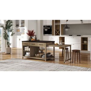 TREXM Extensible Retro Kitchen Island Cart Tomas de corriente Espresso Natural Estantes abiertos Almacenamiento multifuncional Ruedas Cajones - Product Image 1