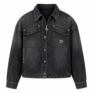 Faded Charcoal Cropped Jean Shacket Slouchy Hip Hop Urbanwear Cotton <b>Shirt</b> With Zipper Metal Buttons - Product Image 4